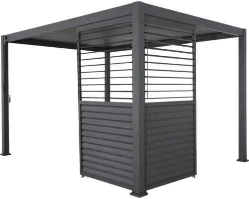 Vrijstaande grijze aluminium pergola met lamellendak en zijwandelementen