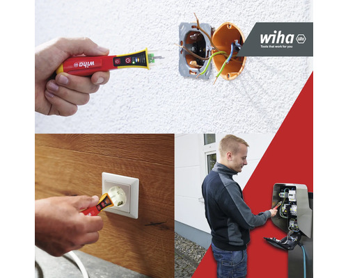 Voorbeelden van het gebruik van een spanningstester op een stopcontact en een elektriciteitskast.