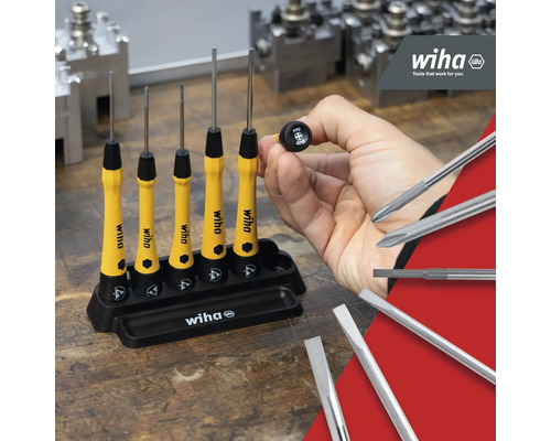 Wiha fijnmechanische schroevendraaierset met gele handgrepen en houder