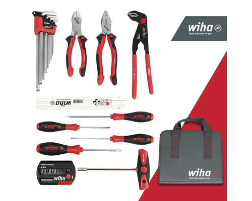Wiha gereedschapsset met tangen, schroevendraaiers, inbussleutels en bitset in een grijze gereedschapstas