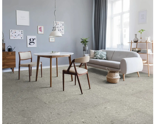 Woonkamer met eettafel, bank en vloerbedekking