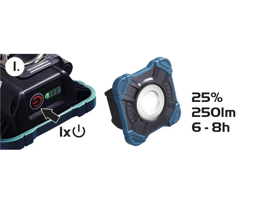 Werk lamp met batterij-indicator, 25 procent helderheid, 250 lumen en 6 tot 8 uur levensduur van de batterij