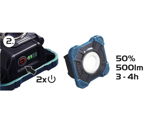 Accu-werkverlichting met batterij-indicator, aan-uitschakelaar, 500 lumen lichtstroom en een brandduur van 3 tot 4 uur bij 50 procent helderheid.