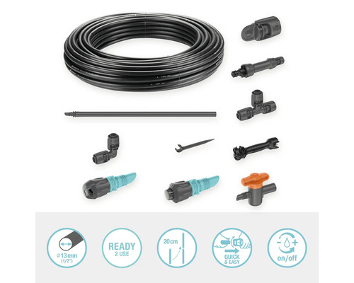 Gardena Micro-Drip-System met druppelbuis, regelstop, eindstop, verbindingsstuk, T-stuk, hoekstuk, reinigingsnaald en gereedschap