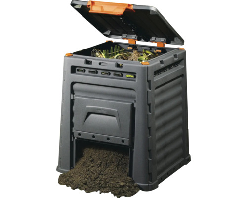 Compostvat met deksel en uitneemdeur, gevuld met tuinafval en compost