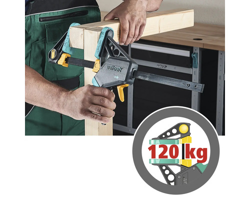 Een persoon gebruikt een Wolfcraft éénhandsklem om twee stukken hout samen te persen. Een zegel toont een draagvermogen aan van 120 kilogram.