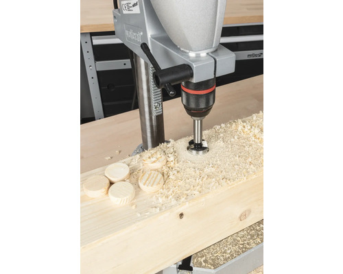 Kolomboormachine boort gat in houten plank met houten pluggen