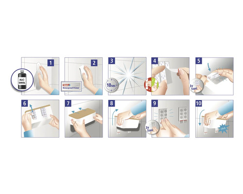 Instructies voor het bevestigen van een plank met zelfklevende strips op tegels