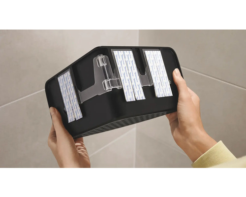 Zwarte badkamerplank met plakstrips voor wandmontage