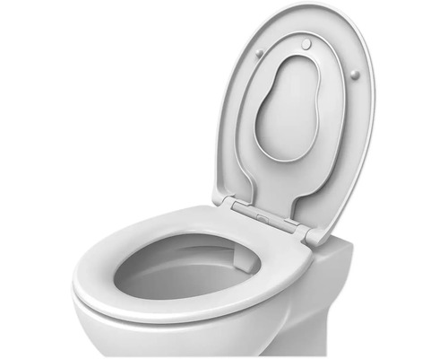 Wit toilet met open toiletdeksel en kinderzitje