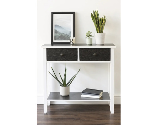 Decoratieve consoletafel met twee laden, opbergplank en diverse decoratieve elementen