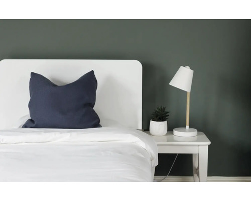 Slaapkamer met bed, nachtkastlamp en kamerplant