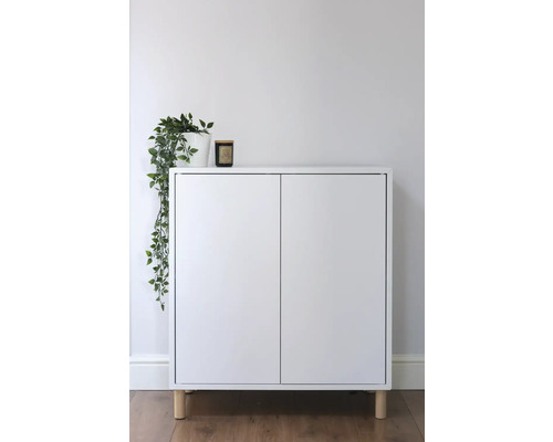 Witte kast met twee deuren en houten poten