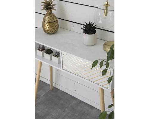 Witte consoletafel met lade en decoraties