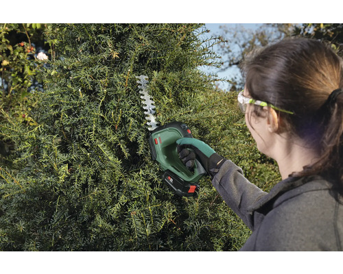 Vrouw snoeit heg met draadloze heggenschaar
