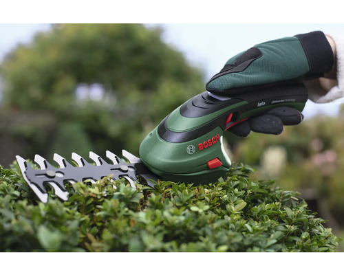 Bosch Logo. Accu schaar knipt een haag.