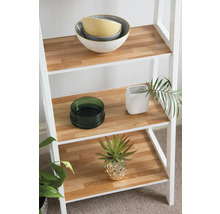 Rek met decoratieve schalen, doos, pot en kunstmatige ananasplant