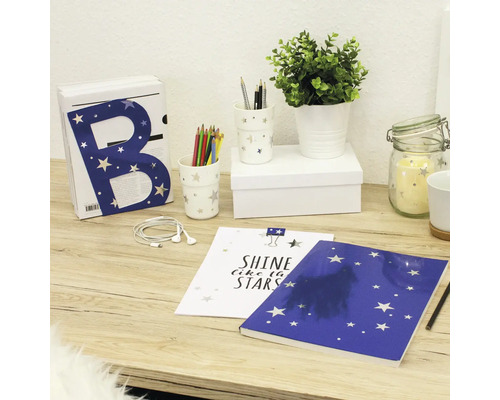 Decoratieve schikking met brief, pennen, notitieboek en plant op een tafel