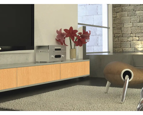 Woonkamer met tv, dressoir, kamerplant en fauteuil