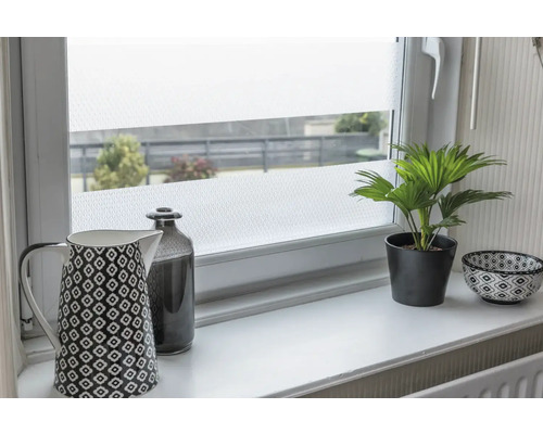 Decoratieve folie op een raam met koffiekan, fles, potplant en schaal op een vensterbank