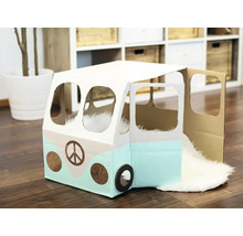 Speelhuis van karton in de vorm van een hippiebusje