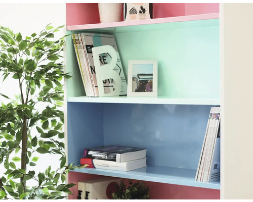 Kast met meerdere planken en decoratieve objecten.