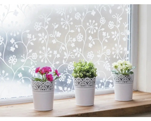 Decoratieve folie met bloemmotief op een raam, met daaronder drie bloempotten