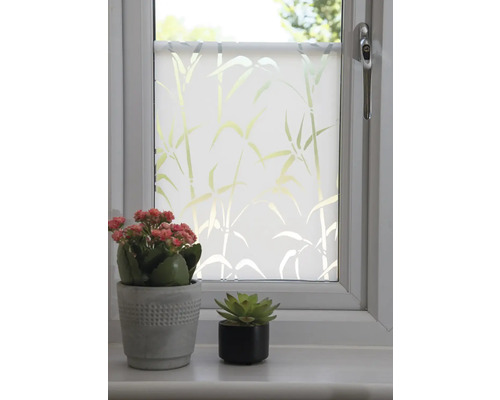 Raamdecoratie met bamboepatroon en twee kleine potplanten