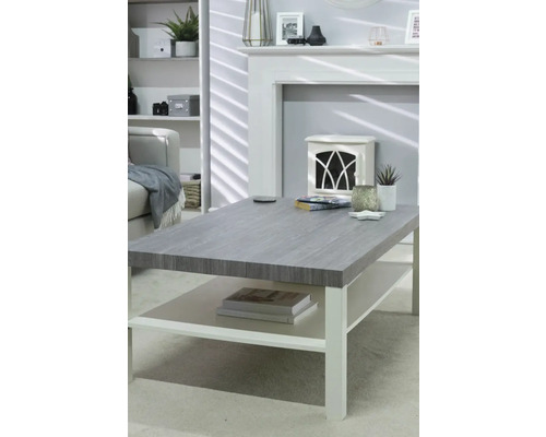 Woonkamer met bank, plank, open haard en grijze salontafel met opbergruimte