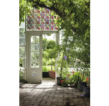 Scene met kas, planten en decoratieve raamfolie met bloemmotief