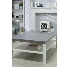 Woonkamer met bank, plank, open haard en salontafel met plank
