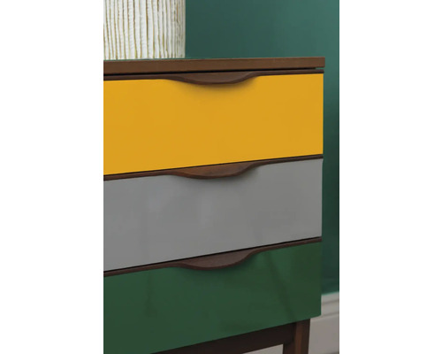 Kast met laden in geel, grijs en groen