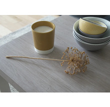 Decoratieve opstelling met kaars, sierui en schalen op een tafel