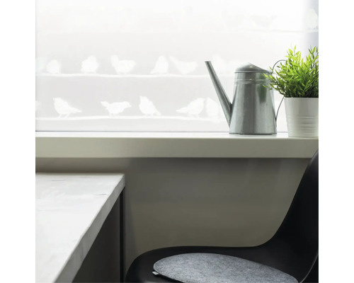 Decoratief raam met vogelmotieven, gieter en plant in een heldere ruimte.