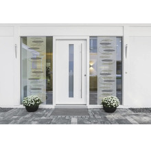 Witte voordeur met glaselement en zijruiten met decoratieve folie