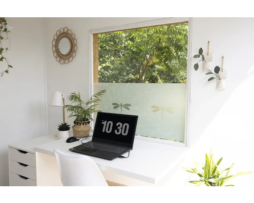 Lichte werkplek met bureau, laptop en raamfolie met libellenmotieven