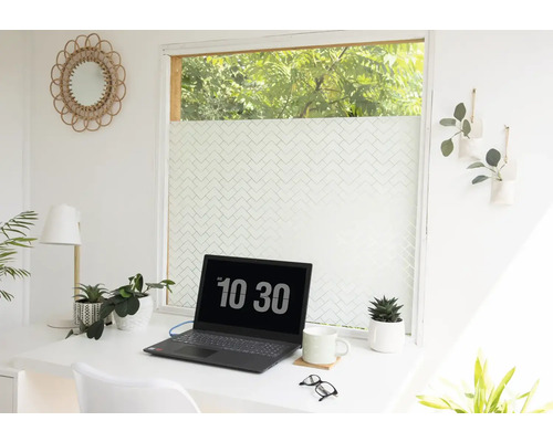 Licht kantoor met bureau, laptop, planten en raamfolie voor meer privacy