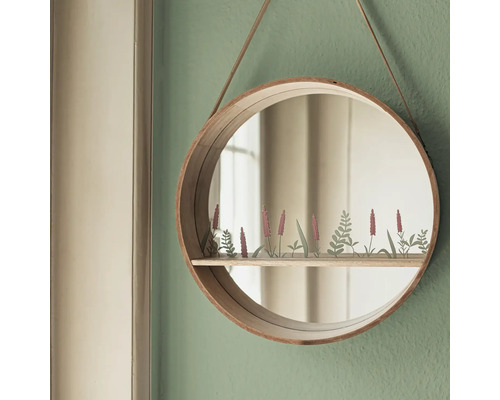 Ronde spiegel met plank en leren ophanging