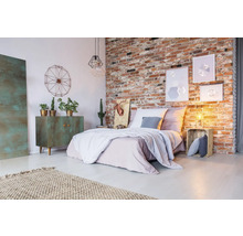 Slaapkamer met bakstenen muur, bed, ladekast, vloerkleed en decoratieve elementen