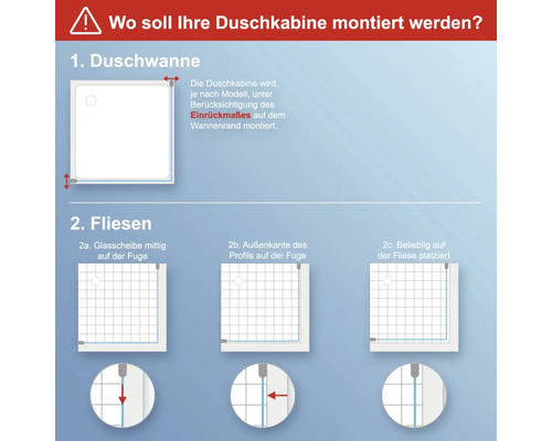 Illustratie over de montage van een douchecabine op een douchebak of op tegels.