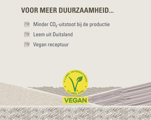 Information about sustainability: less carbon dioxide emissions during production, loam from Germany, vegan recipe and V-Label Vegan seal.