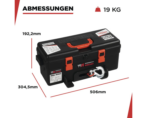 Afbeelding van een draagbare Warrior lier met afmetingen