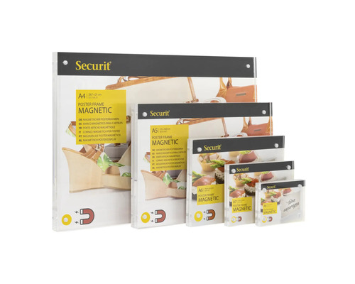 Meerdere magnetische posterframes van het merk Securit in verschillende formaten.