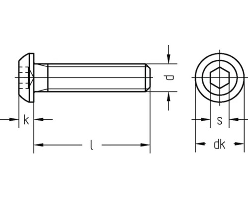 Technische tekening van een cilinderschroef met binnenzeskant