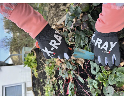 Tuinhandschoenen met de tekst X-Ray worden gedragen tijdens het tuinieren.