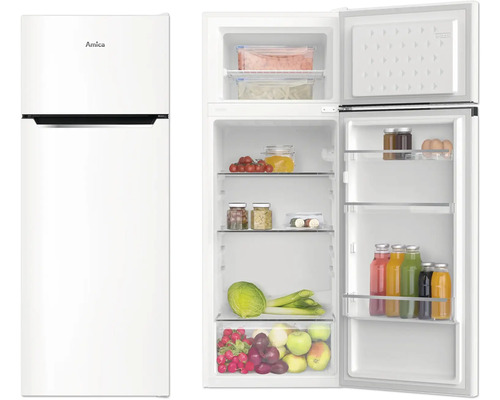 Amica koelkast met open deur en etenswaren