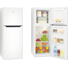 Amica koel-vriescombinatie, vrijstaand, met open deur en levensmiddelen