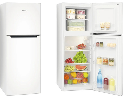 Amica koel-vriescombinatie, vrijstaand, met open deur en levensmiddelen