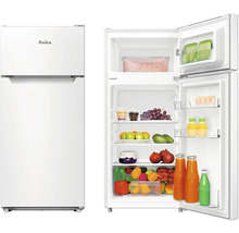 Amica koelkast met vriesvak, vooraanzicht met open deur en levensmiddelen