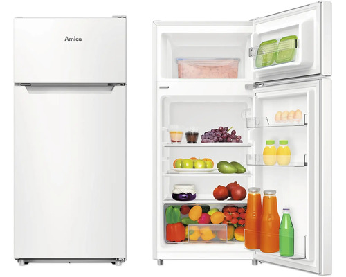 Amica koelkast met vriesvak, vooraanzicht met open deur en levensmiddelen